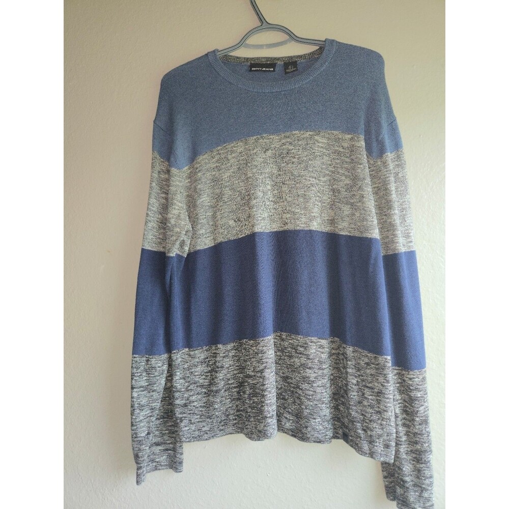 ​DKNY Jeans Men's Striped Crewneck Sweater - Size L - Blue & Grey Pullover
